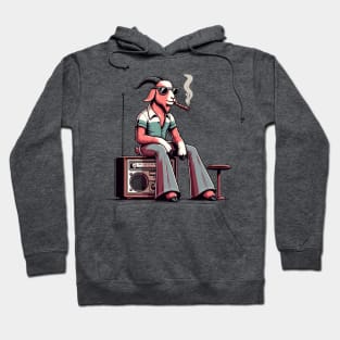 smoking 70s goat sitting on vintage radio Hoodie